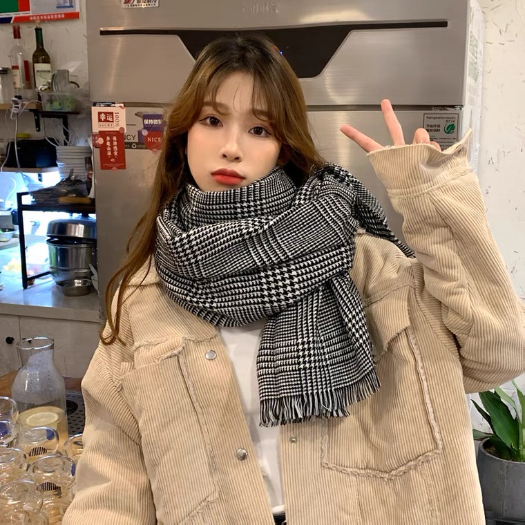 ~Rẻ nhất~ Khăn len Dongdaemun Hàn Quốc quàng cổ mùa đông ấm áp họa tiết kẻ đen ghi sọc phụ kiện đôi nam nữ