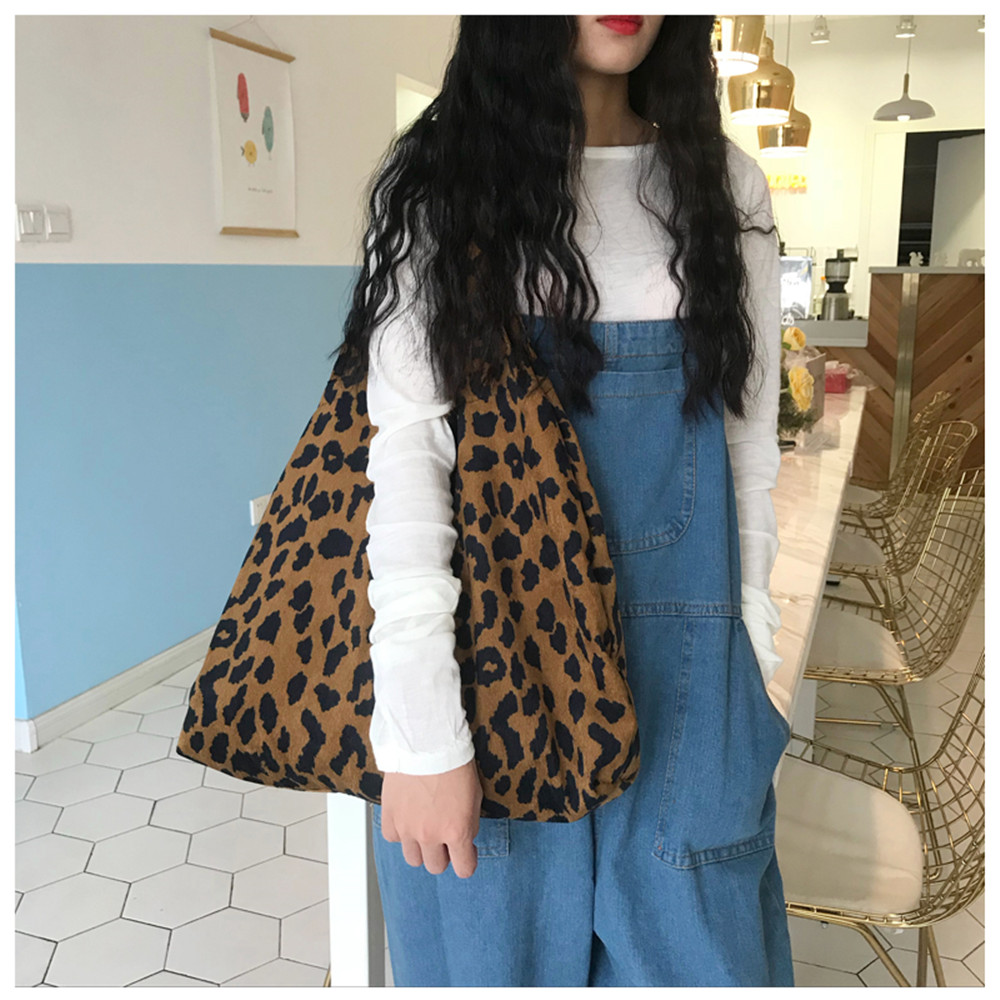 ROSE Fashion Tote Large Shopping Bag Single Shoulder Bag Women Leopard Print Corduroy Casual Handbags