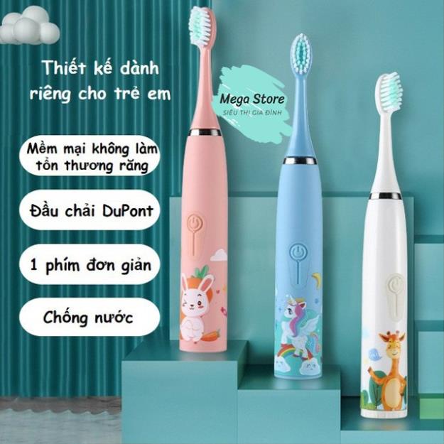 Bàn Chải Đánh Răng Đện Trẻ Em - Máy Đánh Răng Chính Hãng Sonic 4 Chế Độ Tự Động + Cáp Sạc + Tặng 8 Đầu Chải