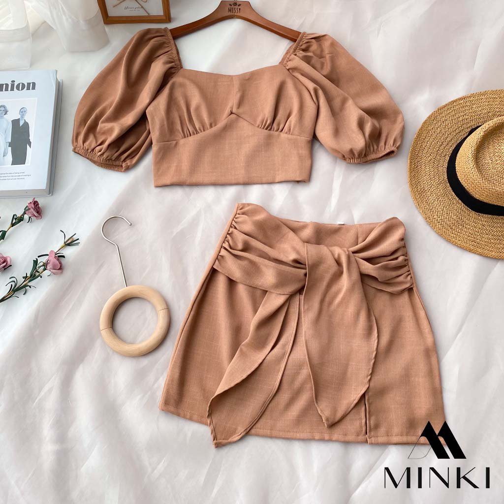 SET ÁO CỔ VUÔNG + CHÂN VÁY CỘT NƠ - CHẤT LIỆU KAKI NHẬP KHẨU - MÀU XANH NGỌC/NÂU TÂY [HÀNG THIẾT KẾ] | BigBuy360 - bigbuy360.vn