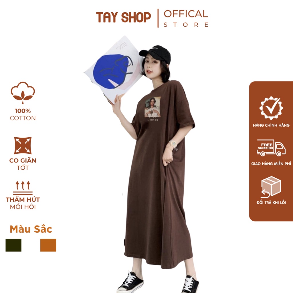 Váy suông trơn nữ in hình cao cấp, Váy thun nữ dáng suông chất cotton nhung mềm mịn thấm hút tốt TTS24