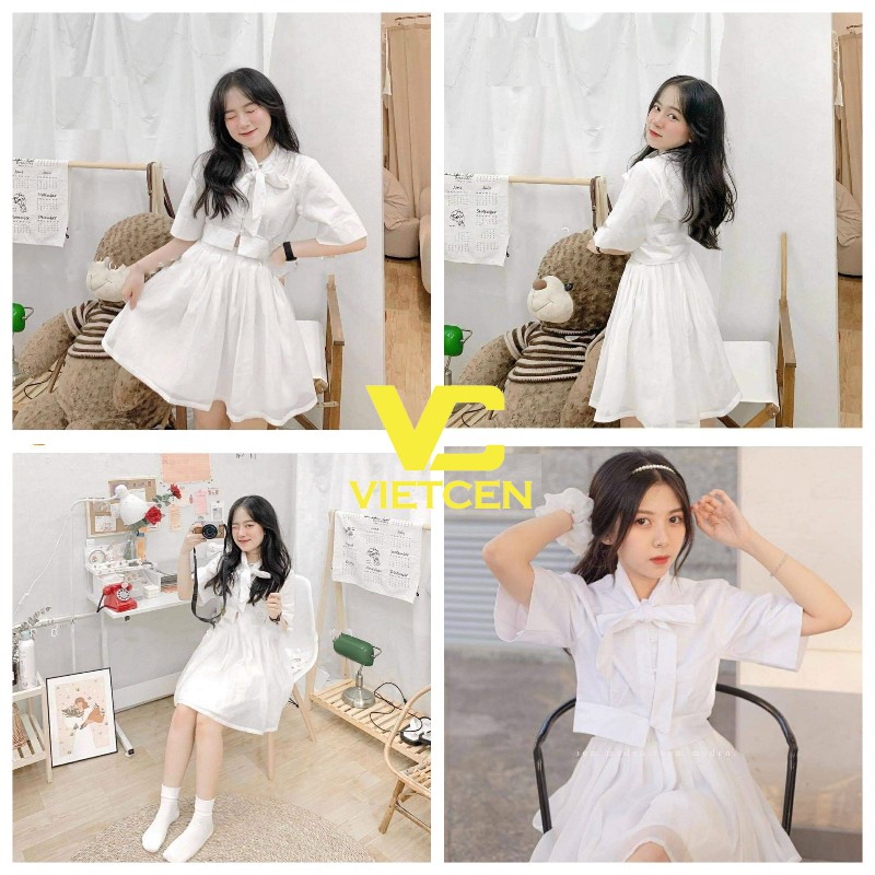 Set Áo Croptop Cổ Nơ Kèm Chân Váy Xòe Hot Trend - VIETCEN