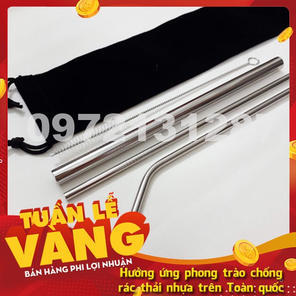 (Hàng loại 1, dày & nặng) Bộ ống hút Inox 304 5 món (3 ống hút, 1 cọ rửa, 1 túi đựng)