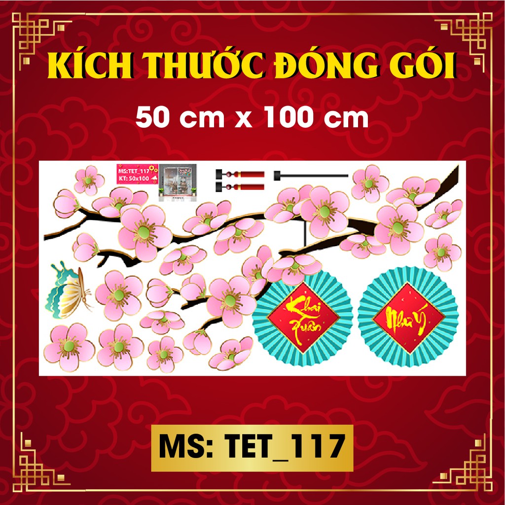 Decal trang trí tết combo số 71 cành đào hồng và pháo xuân