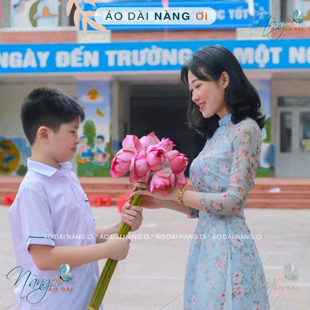 Áo Dài Hoa Nhí 4 Tà Xanh Hoa Hồng Truyền Thống Lụa Tơ Hoa Đẹp