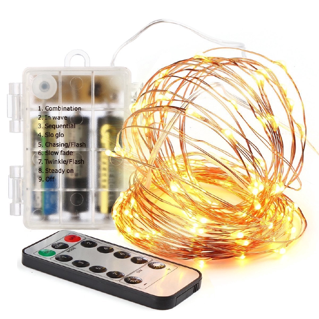 Dây đèn LED 100 bóng dài 10m có 8 chế độ sáng sử dụng pin kèm điều khiển từ xa