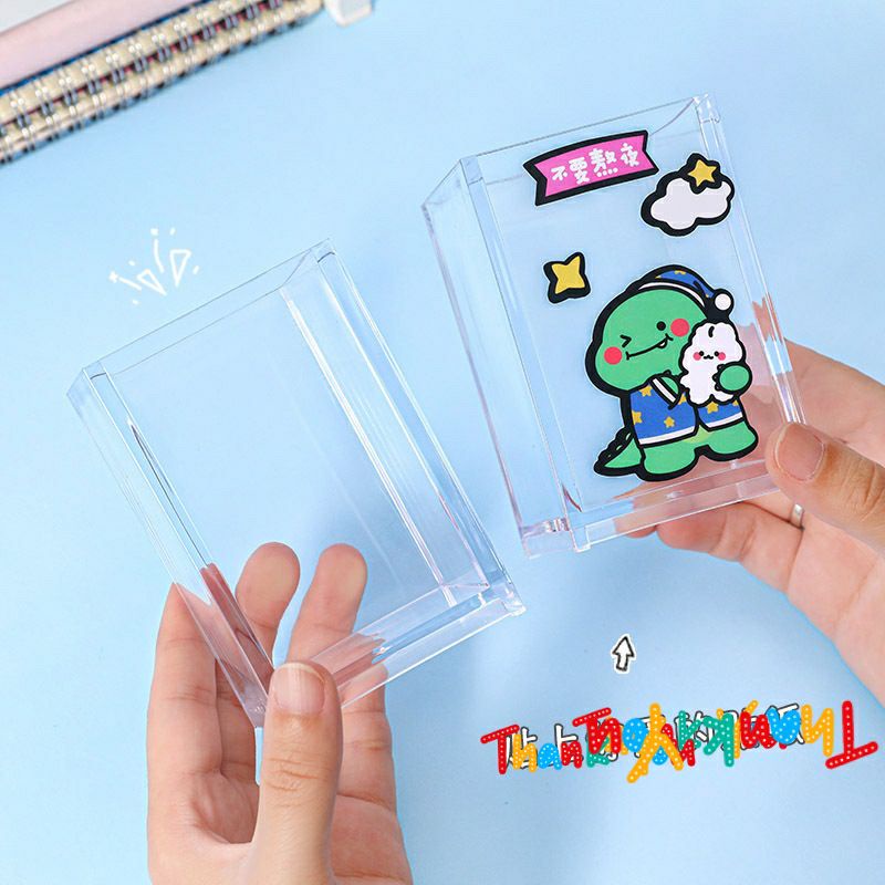 Ống đựng bút vuông trong suốt bằng nhựa acrylic để bàn tiện dụng cho học sinh tặng kèm hình dán trang trí cute