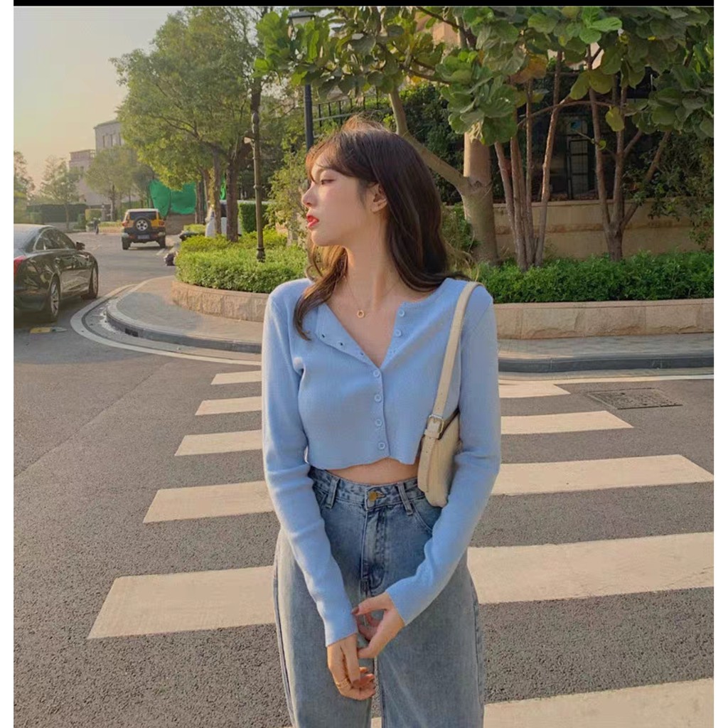 [CÓ SẴN - FREESHIP] Áo khoác len cardigan / áo len tay dài cài nút croptop màu trơn