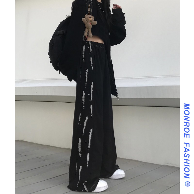 Baggy pants Women All Match printed high-rise loose straight-leg casual trousers