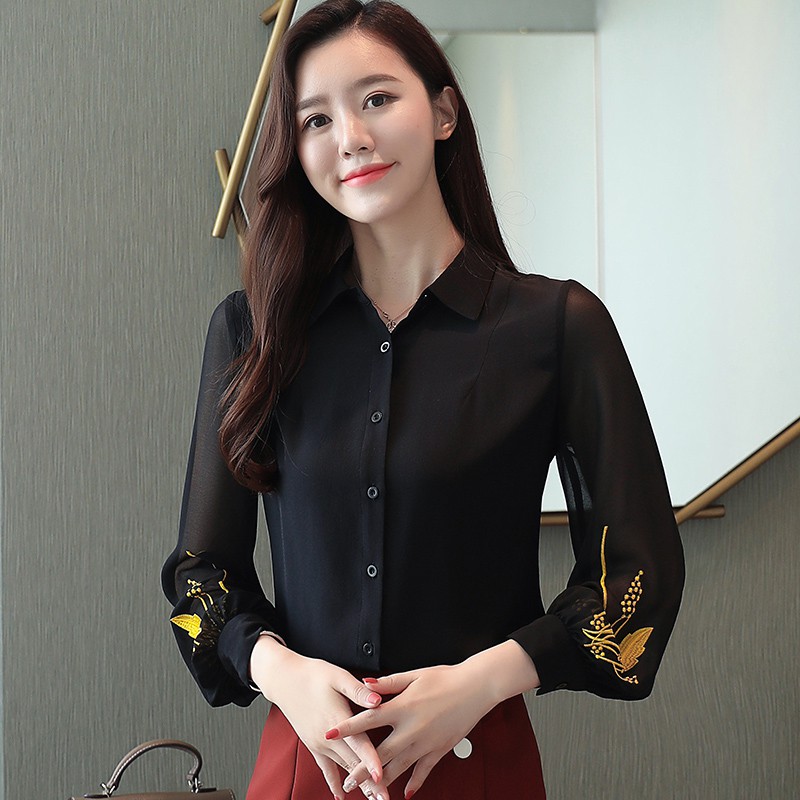 Korean Embroidery Chiffon Casual Blouse Women Autumn Long Sleeve Shirt Black