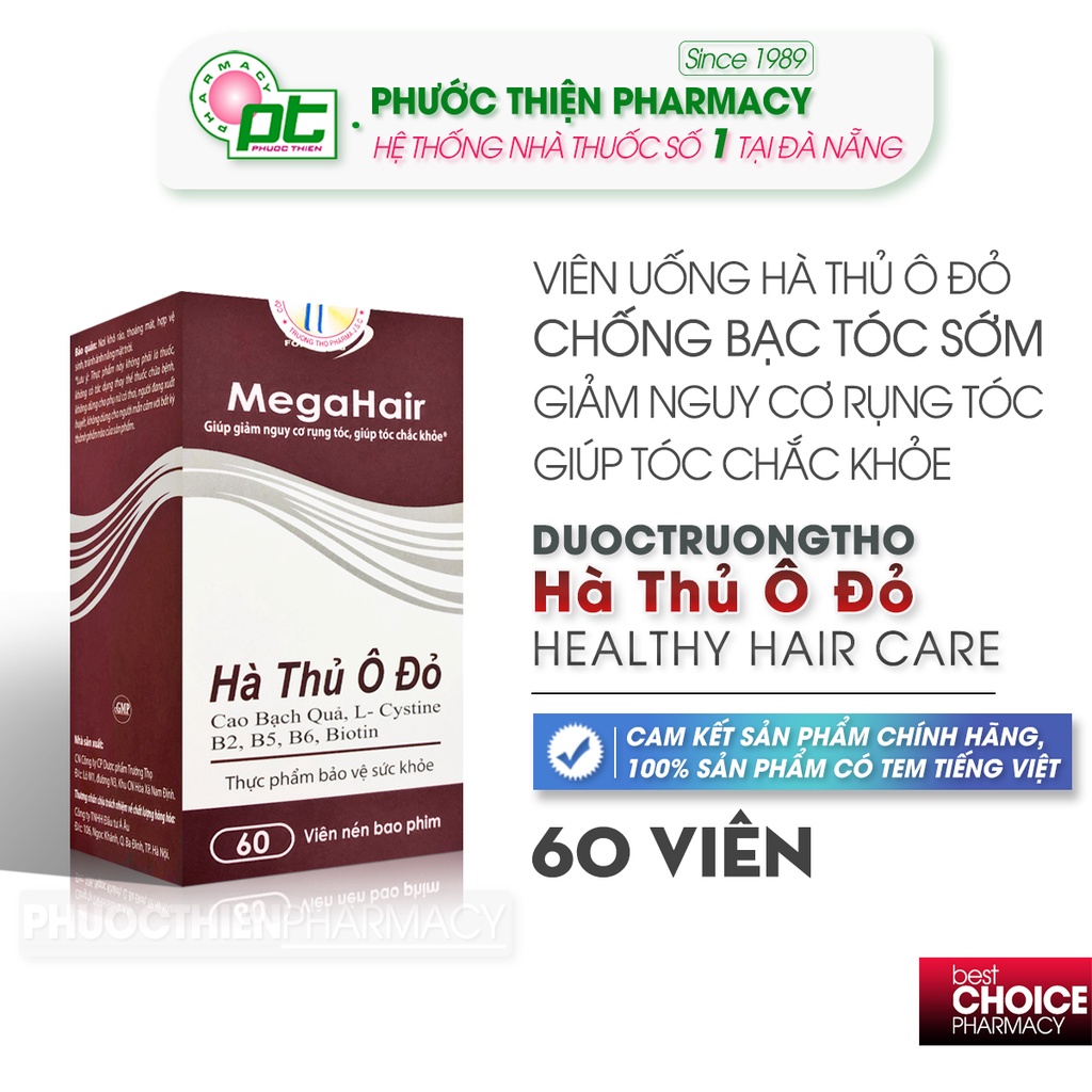 MEGAHAIR Viên uống Hà Thủ Ô Đỏ hỗ trợ làm đen tóc, tóc bạc sớm, giảm rụng tóc - nhathuocphuocthien L- Cystine B6