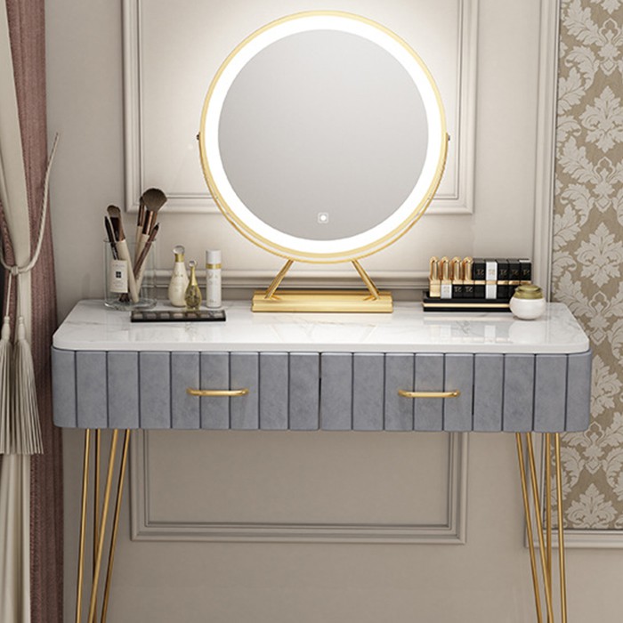 Bàn phấn 80cm mặt đá trắng bọc nỉ nhung phong cách Châu Âu sang trọng - Bàn trang điểm có gương đèn led decor phòng đẹp