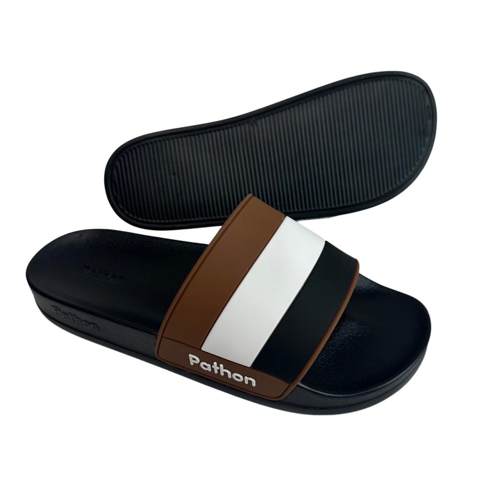 Dép nam nữ quai ngang slipper Pathon quai PVC và đế PU đen quai phối xọc đen nâu lớn SD121