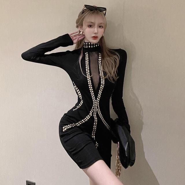 Đầm Dự Tiệc Màu Đen Phối Lưới Đính Đá Thời Trang Sang Trọng Cho Nữ