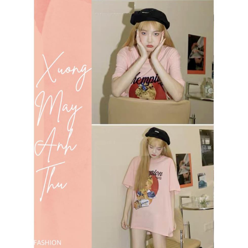 Áo thun form rộng chempion nữ - Phông dáng suông tay lỡ màu hồng pastel trendy ulzzang HOT 🎖️ ❕