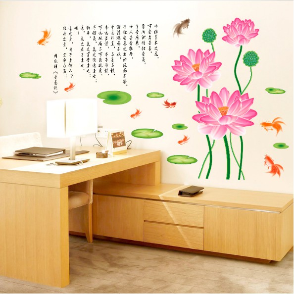 Decal trang trí Hoa Sen thư pháp