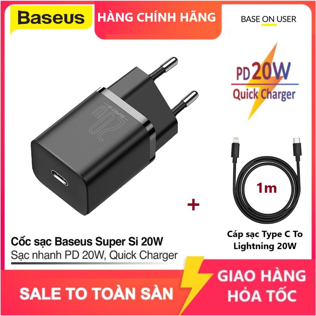 COMBO Cốc Sạc Nhanh Baseus 20W Super Si Mini USB C Hỗ Trợ QC3.0 PD Cho iPhone 12 / dây sạc 20W  - Hàng chính hãng