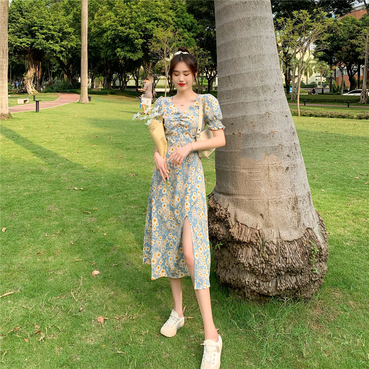 đầm ulzzang Nữ Tay Ngắn In Hình Hoa Cúc Phong Cách Hàn Quốc | BigBuy360 - bigbuy360.vn