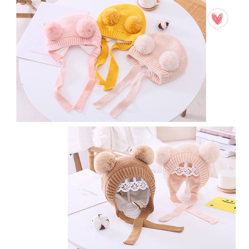 Mũ beanie đan len hai đầu màu trơn giữ ấm mùa thu đông cho bé