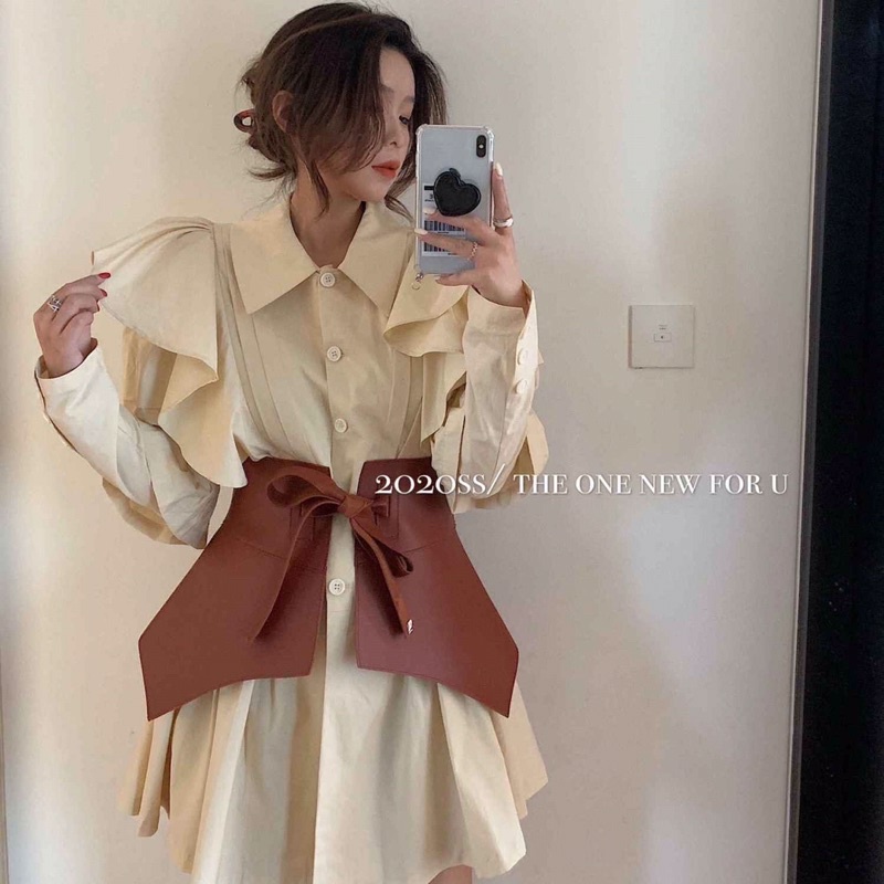 SET ĐẦM TIỂU THƯ CỰC HOT - váy sơmi tay bồng kèm đai da sang trọng chiết eo , váy hot order Taobao