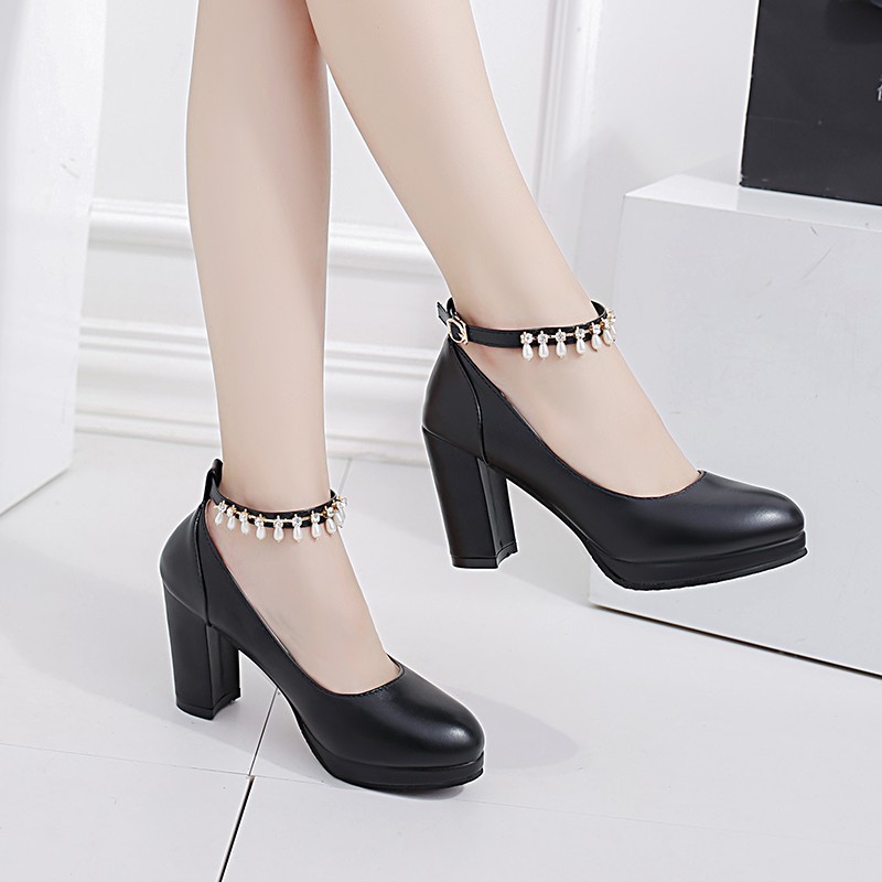 IELGY Giày cao gót đế thô quai ngọc trai thời trang sành điệu cho nữ
