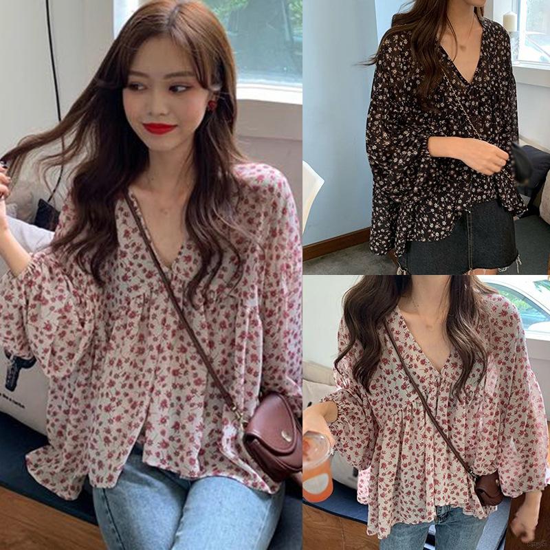 Áo Nữ Tay Dài Cổ Chữ V Họa Tiết Hoa Thời Trang Quyến Rũ