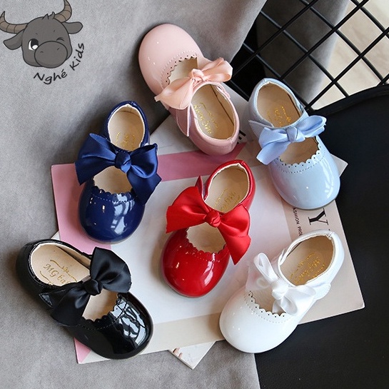 [P2]Giày búp bê kèm nơ xinh cho bé gái - Giày công chúa da PU bóng màu Xanh Trắng