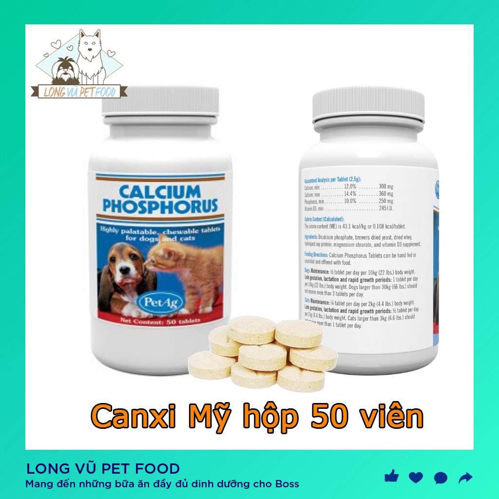 CALCIUM PHOSPHORUS Canxi cho chó mèo hộp 50 viên - Canxi Mỹ - Long Vũ Pet Food