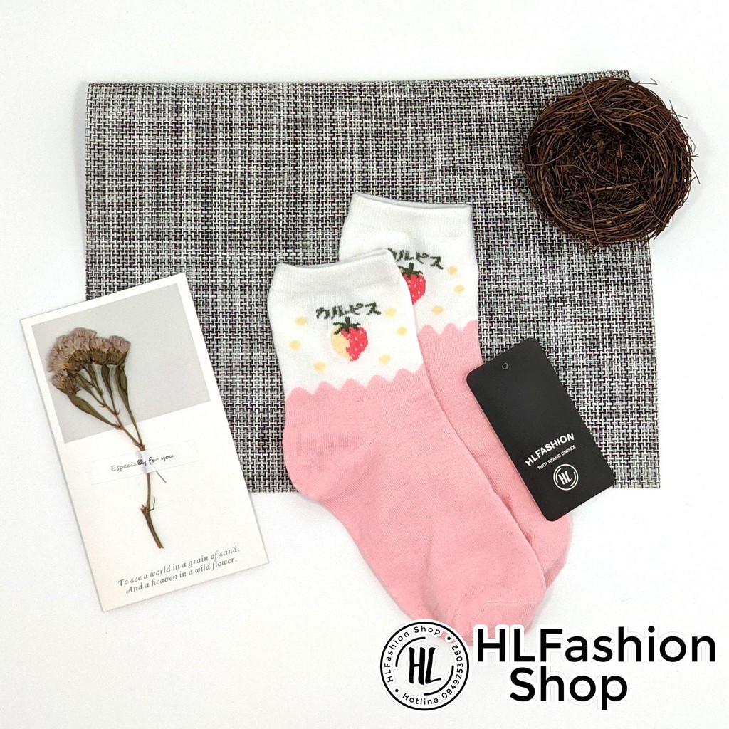 Tất vớ nữ Cotton cổ tròn hình trái cây Nhật Bản Hàn Quốc, tất vớ cổ cao HLFashion