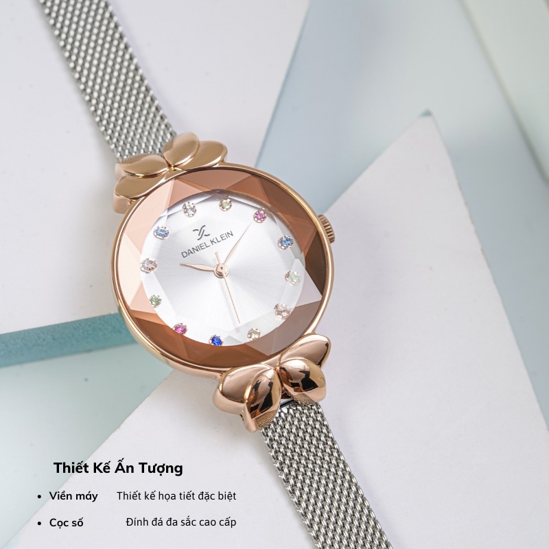 Đồng hồ nữ Daniel Klein Watch DK.1.12554 mặt nhỏ đính đá, kính cứng chống xước, chống nước, dây thép đeo tay cao cấp