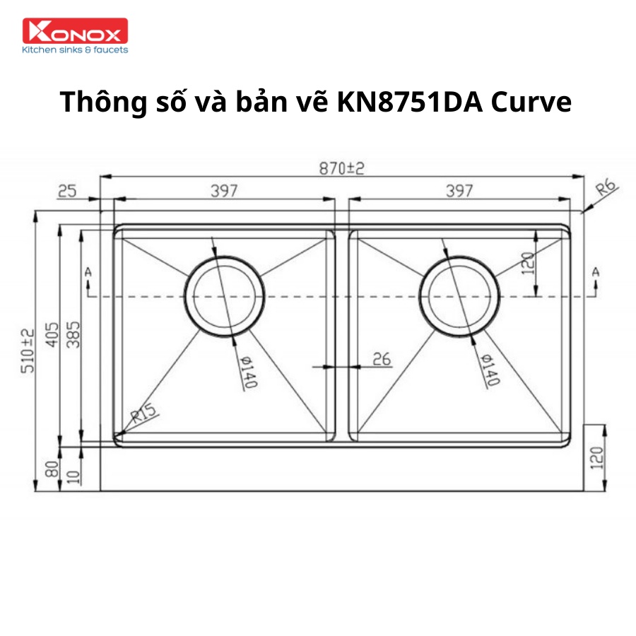 Chậu rửa bát inox 2 hố Konox Apron Sink KN8751DA RETTA