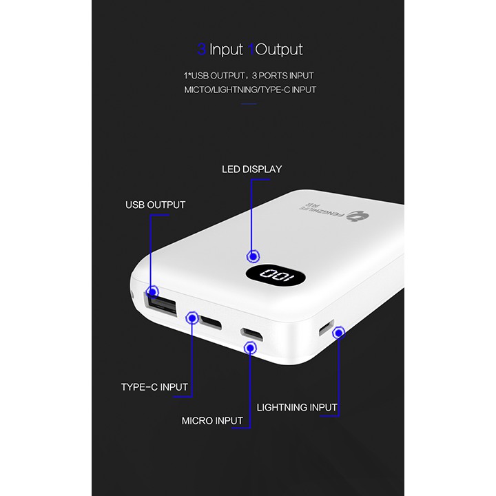 Sạc dự phòng FengZhi J332 - 10000 mAh Chính hãng Có 2 cổng USB , 3  cồng  vào Iphone ,Mirco và Type C.Mỏng gọn tiện lợi