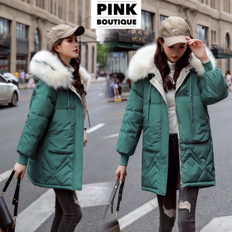 Áo Khoác Phao Nữ dáng Dài Mũ Lông Hàng Quảng Châu PINKBOUTIQUE