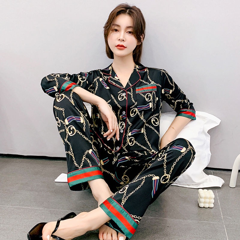Bộ đồ ngủ tay dài chất vải như lụa mỏng thời trang xuân thu cho nữ