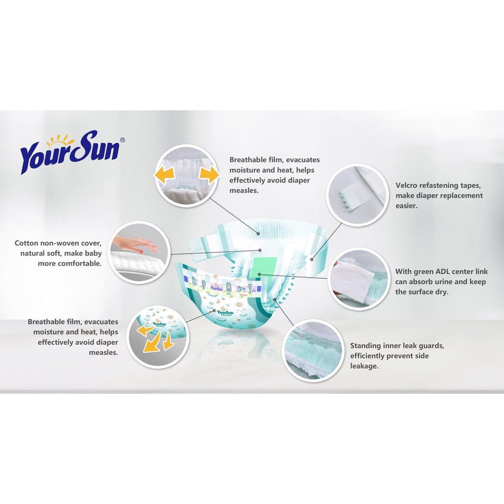 Bỉm Your Sun Siêu Thấm Hút, Dán / Quần Thêm Miếng /S90,M78,L68/ M56,L52,Xl48 [ Bỉm Nhật Xuất Khẩu Âu - Mĩ ]