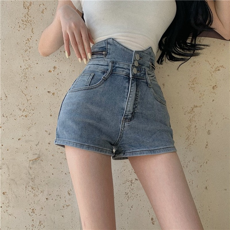 Quần Short Jeans Lưng Cao Ống Rộng Cá Tính Cho Nữ