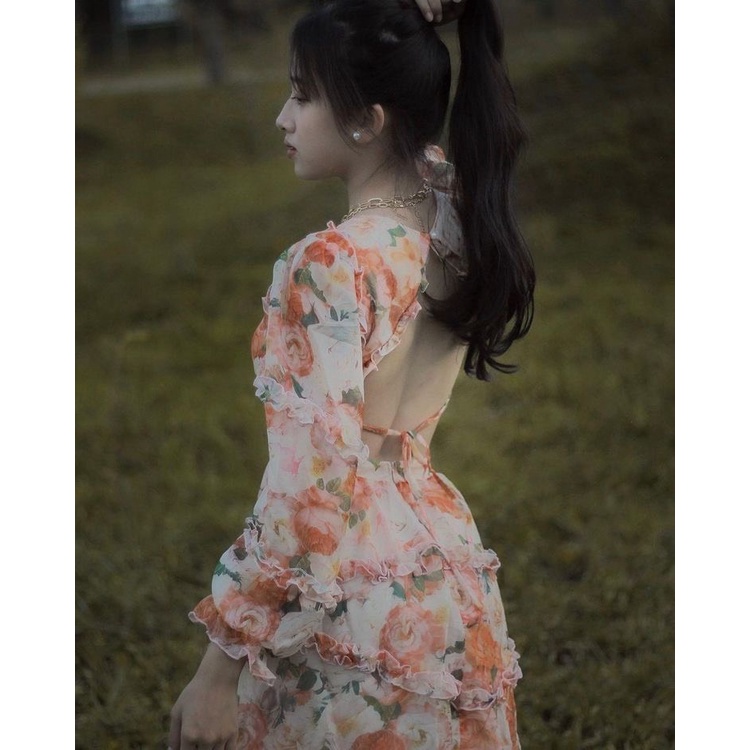 ĐẦM VOAN HOA NỮ HỞ LƯNG SANG CHẢNH PU