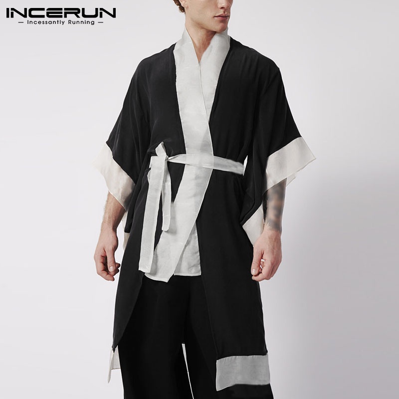 Bộ 2 món INCERUN gồm áo cardigan tay ngắn màu sắc tương phản + quần dài dáng rộng phong cách vintage cho nam