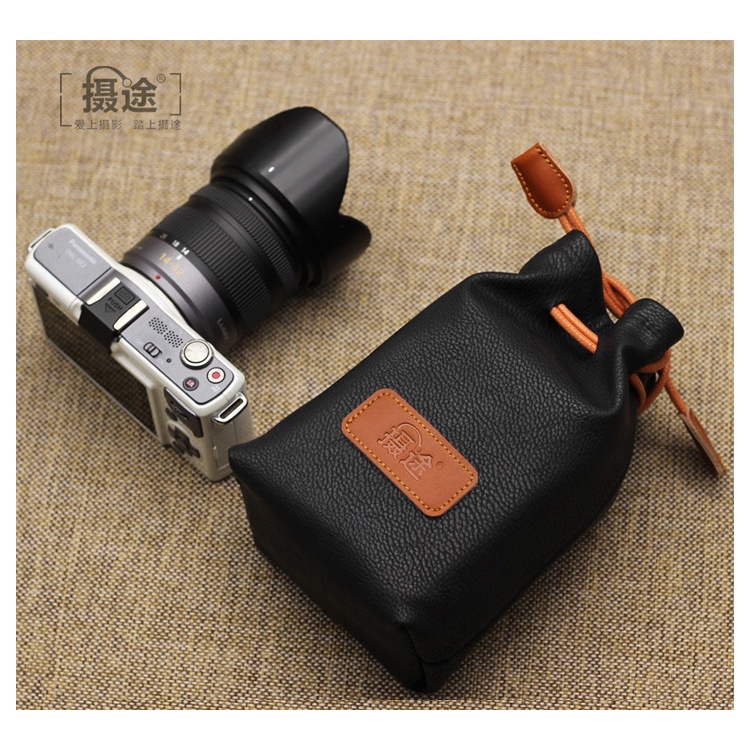 Túi da đựng máy ảnh da PU có lót mềm - túi đựng lens ống kính kiểu dây rút