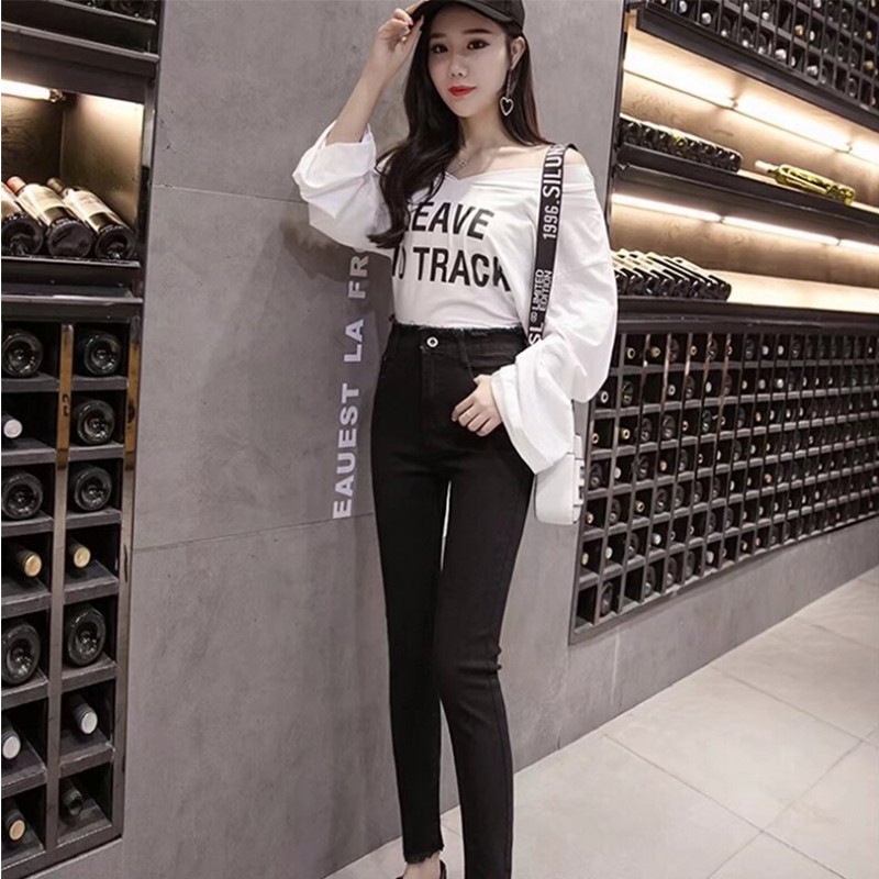 Quần jeans bút chì lưng cao màu trơn phong cách Hàn Quốc cho nữ