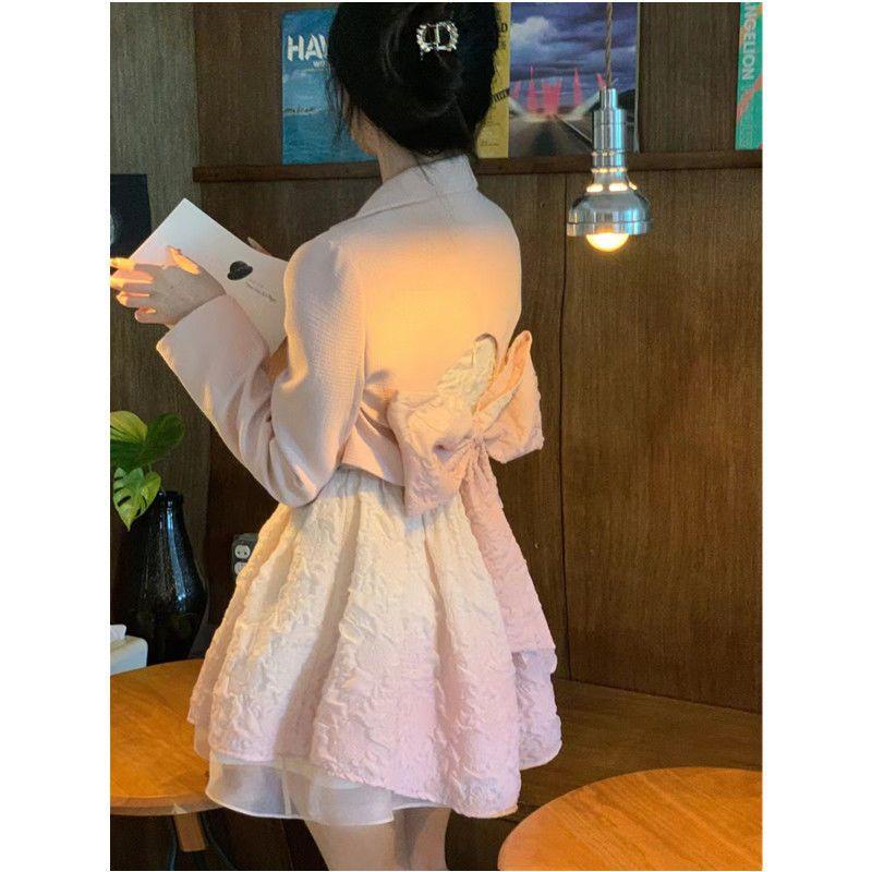 Bộ Áo Khoác + Chân Váy Yếm Lưng Thắt Nơ Phong Cách Hàn Quốc Ngọt Ngào Thời Trang Cho Tuổi Trung Niên