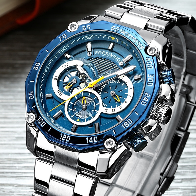 Forsining Original Men's Fashion Automatic Mechanical Watch, New Stainless Steel Sports Watch, Hollow Business Casual Watch