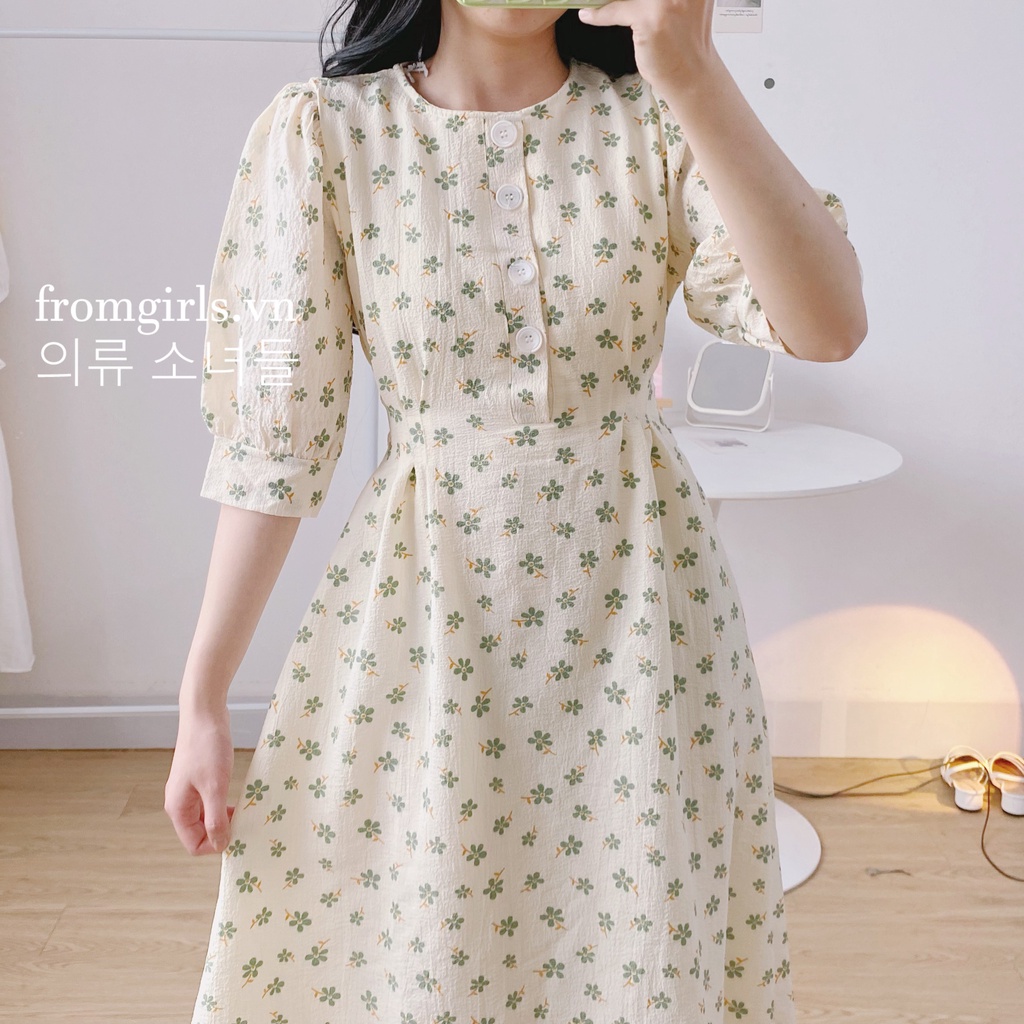 Váy hoa nhí vintage, đầm hoa nhí dáng dài tay phồng có dây buộc eo brown.clothes  - V55