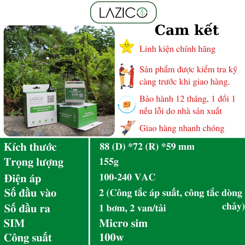 Thiết bị điều khiển từ xa máy 1 máy bơm 220V và 2 van điện từ qua điện thoại LAZICO EV02