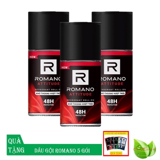 Romano: Bộ 3 Lăn khử mùi Romano Atitude 50ml/chai+Tặng 5 gói dầu gội (6g/gói)