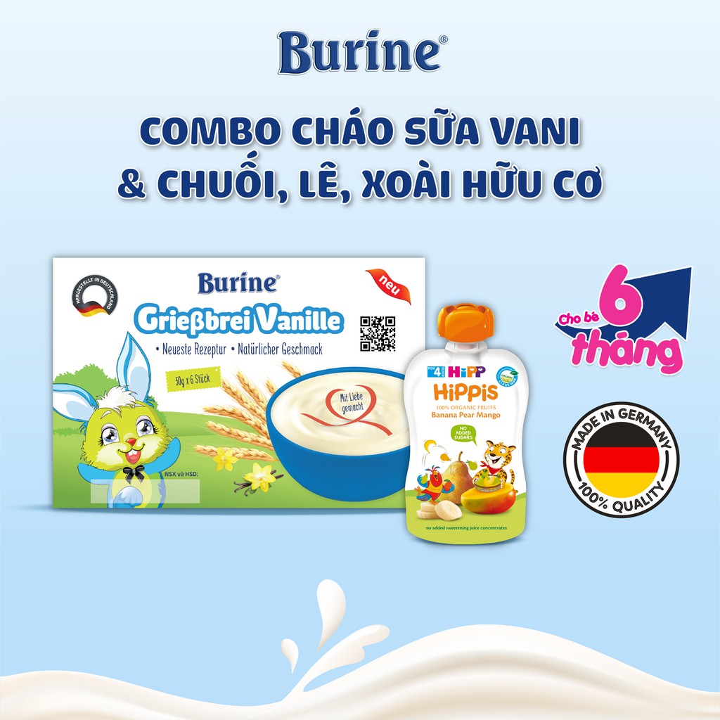 Combo Cháo Sữa BURINE Vani Và Trái Cây Nghiền HiPPiS Chuối, Lê, Xoài Bổ Sung Vitamin Cho Trẻ Biếng Ăn CSVANI_8523