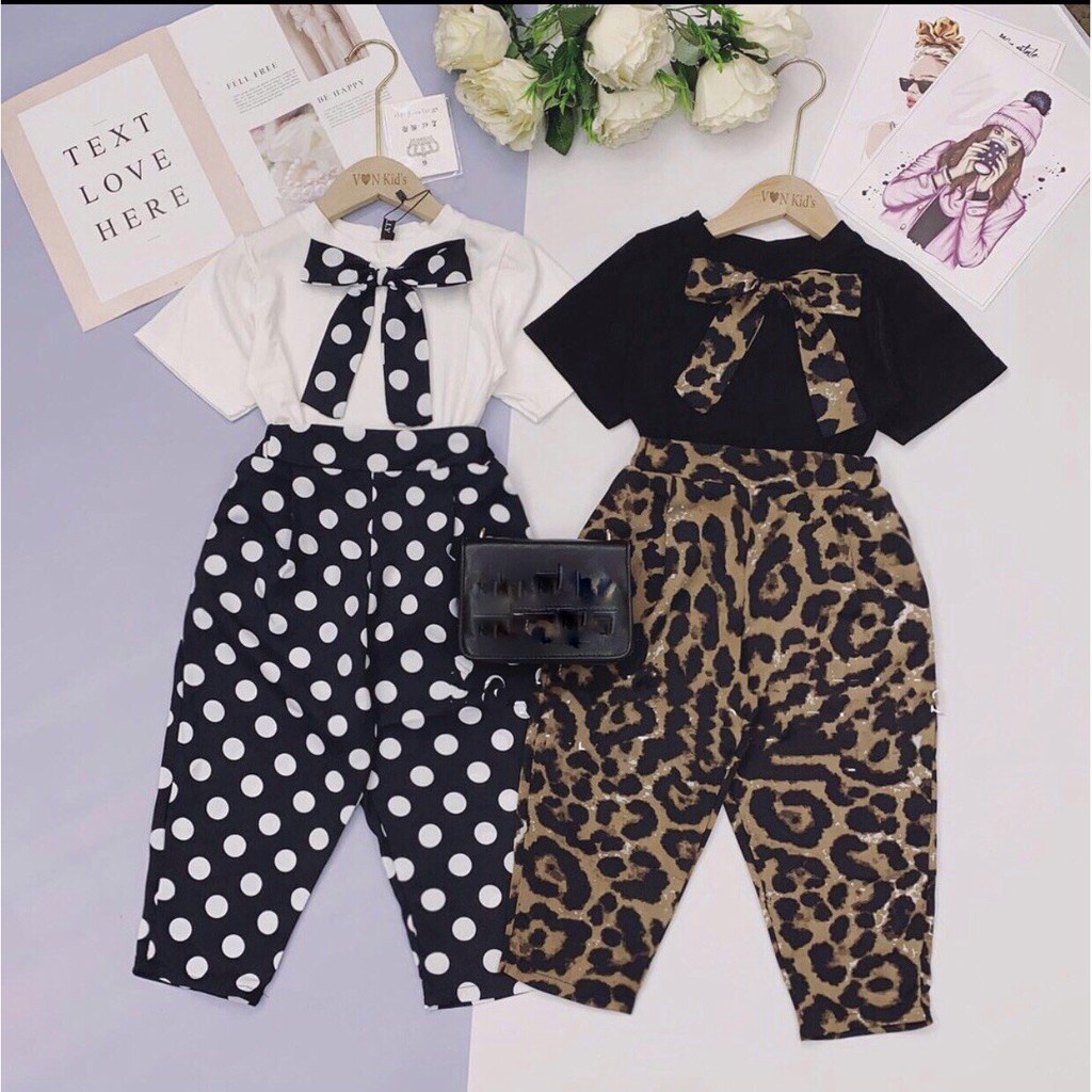 Set bộ quần áo trẻ em dành cho bé gái 18-45kg mẫu cổ nơ da beo. thiết kế đẹp, đường may kỹ. MA12.