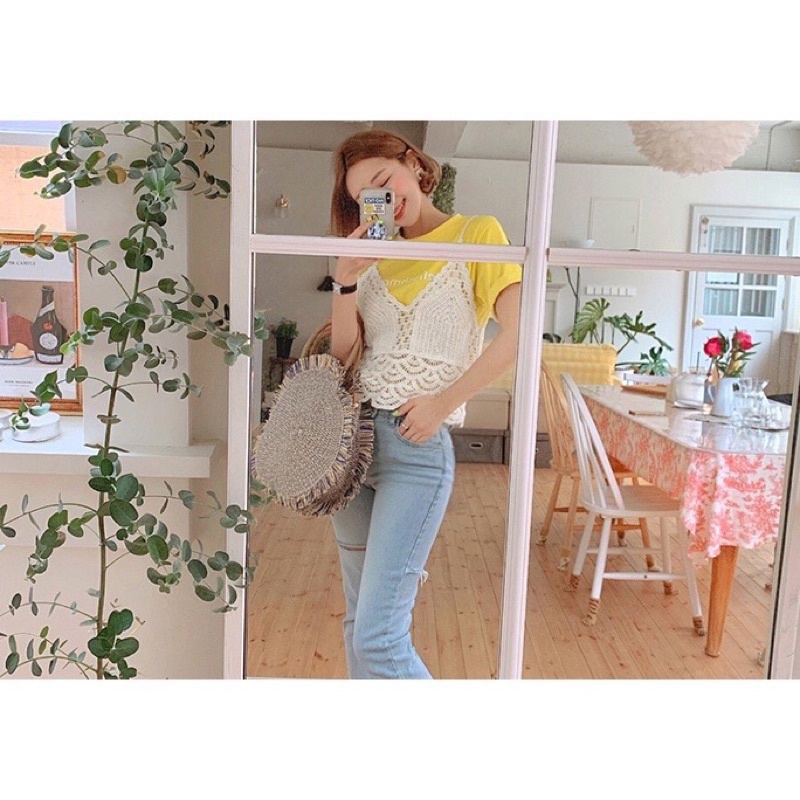 Túi cói tròn tua rua thổ cẩm Boho - TC 006