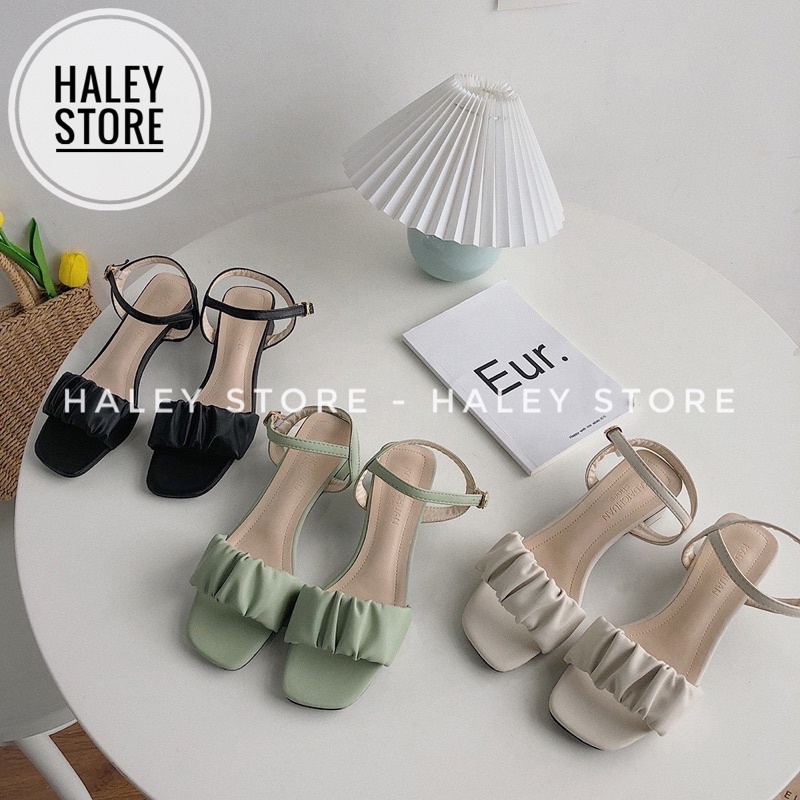 Giày sandal  mnữ quai ngang nhúm nhún mũi vuông gót vuông 5p đi chơi đi tiệc đi làm HALEY STORE