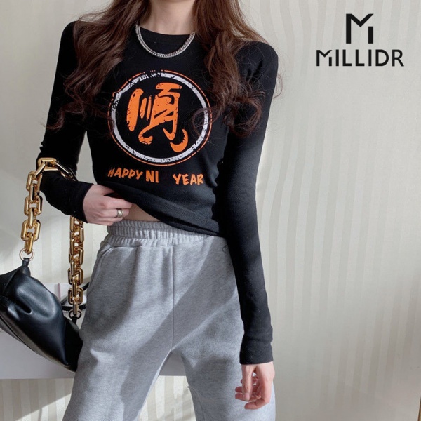 Áo Thun Tay Dài Cổ Tròn 95% Cotton Thiết Kế Mới Trẻ Trung Năng Động Cho Nữ